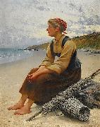 August Hagborg Ostronplockerska pa stranden oil on canvas